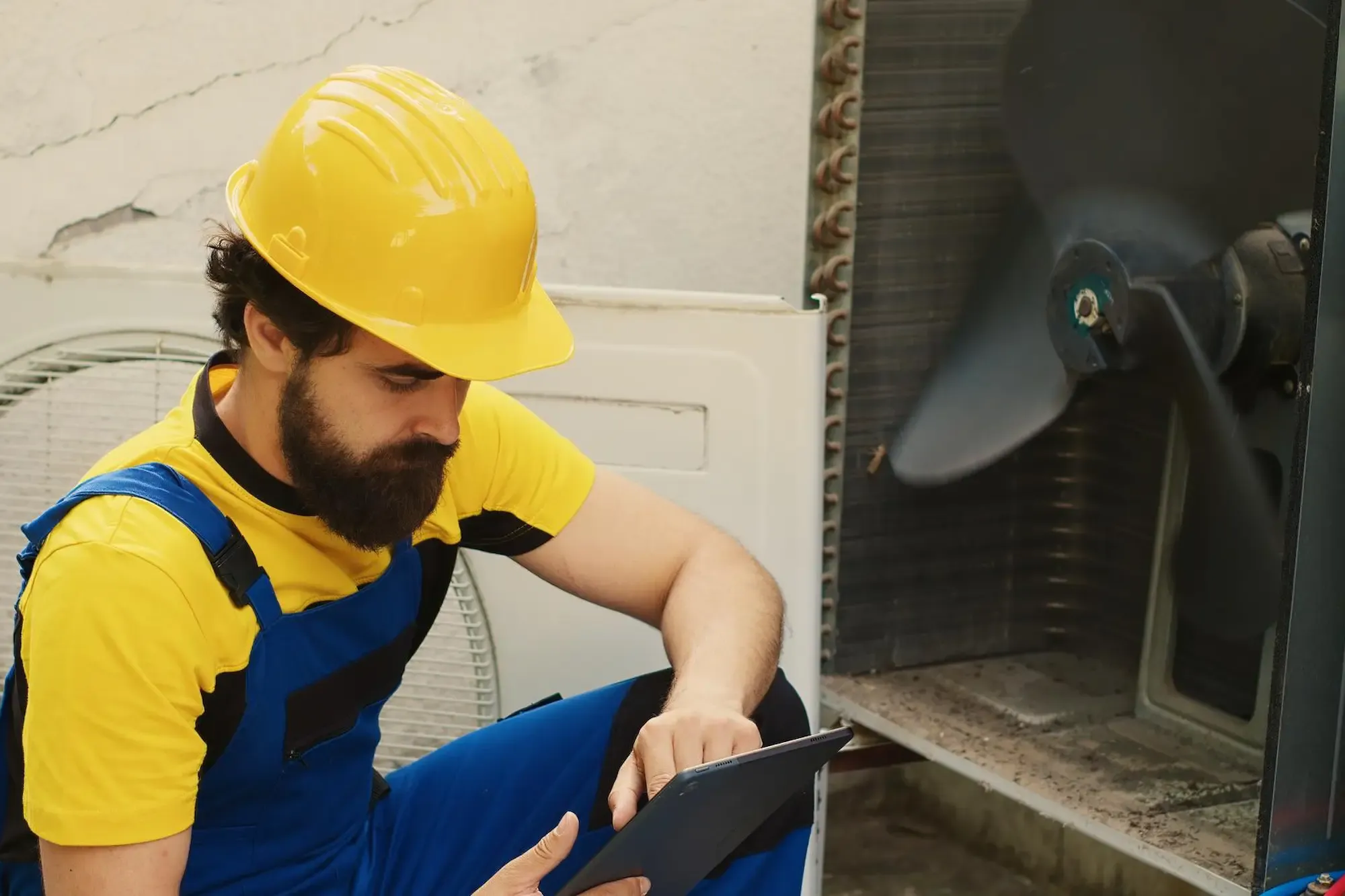 Tecnico che controlla la pressione del circuito di una pompa di calore.