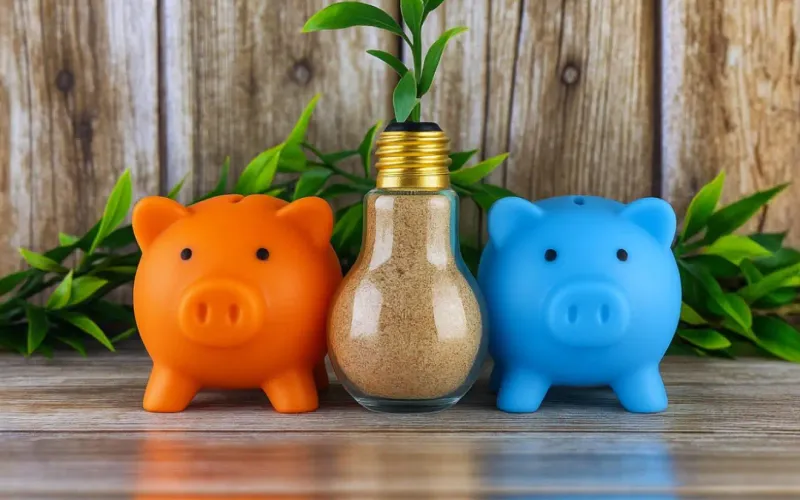 Due salvadanai, con i colori di Beni Energia e Duferco Energia, simboleggiano il doppio risparmio, con al centro una lampadina che rappresenta la crescita sostenibile.